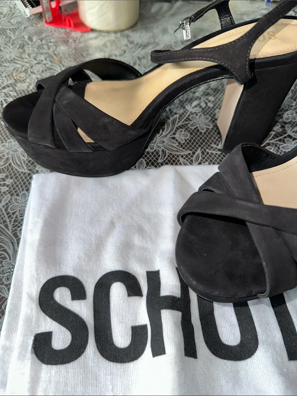 SCHUTZ Black Suede Crisscross Platform Sandals